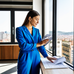 ** A vibrant, modern workspace in Barcelona. A female architect, fully clothed in a stylish yet modest jumpsuit, reviews blueprints with a male colleague in appropriate business attire. Large windows overlook the city.  Safe for work, appropriate content, fully clothed, professional environment, perfect anatomy, correct proportions, natural pose, well-formed hands, proper finger count, natural body proportions, high quality, professional photography.

**