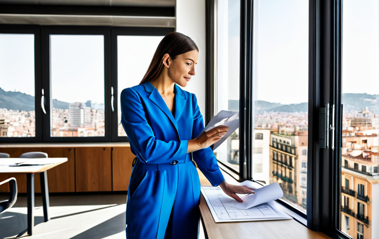 ** A vibrant, modern workspace in Barcelona. A female architect, fully clothed in a stylish yet modest jumpsuit, reviews blueprints with a male colleague in appropriate business attire. Large windows overlook the city.  Safe for work, appropriate content, fully clothed, professional environment, perfect anatomy, correct proportions, natural pose, well-formed hands, proper finger count, natural body proportions, high quality, professional photography.

**