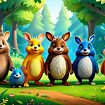 Kongs Jrabbit & Friends**

"A group of diverse, anthropomorphic animal characters from Kongs Jrabbit (e.g., Jrabbit, hedgehog, etc.) standing together in a lush, colorful forest clearing, smiling. The scene evokes friendship and teamwork. Bright, vibrant colors, whimsical style, safe for work, family-friendly."

**