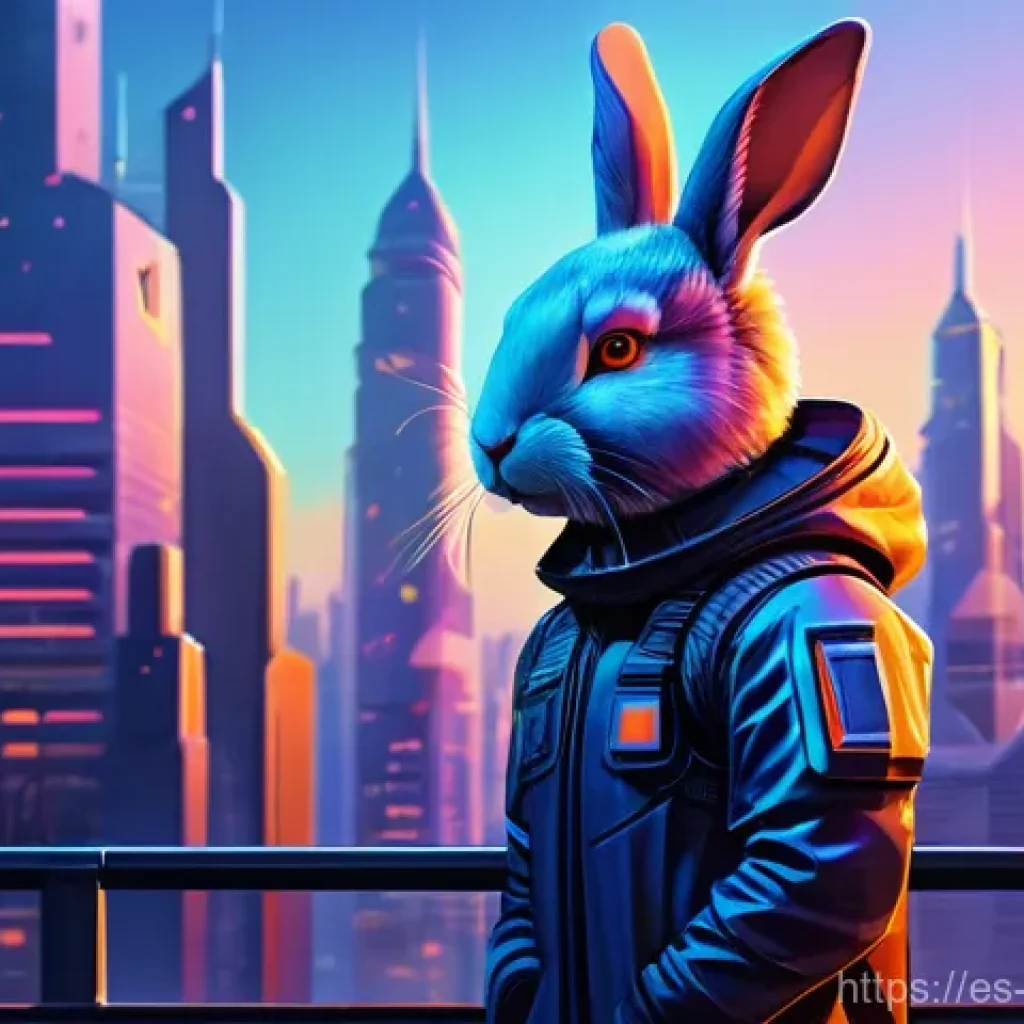콩지래빗 팬아트 대회 - **Prompt:** A highly stylized digital art illustration of Kongji Rabbit as a futuristic urban explor...