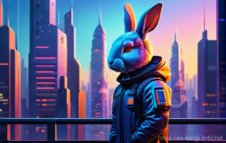 콩지래빗 팬아트 대회 - **Prompt:** A highly stylized digital art illustration of Kongji Rabbit as a futuristic urban explor...