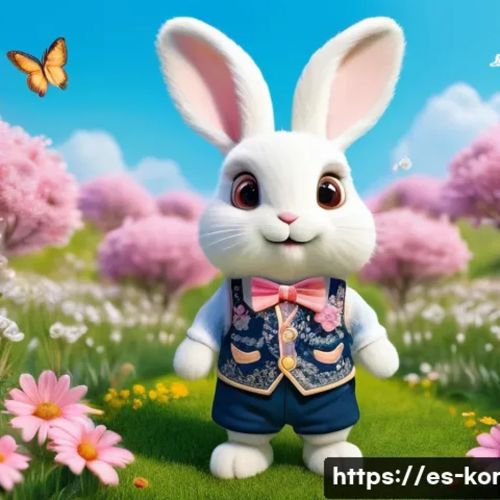 콩지래빗 캐릭터 이름 유래 - A charming anthropomorphic rabbit character named Kongji Rabbit, wearing a cute pastel-colored vest ...