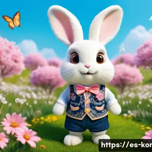 Home 7 콩지래빗 캐릭터 이름 유래 - A charming anthropomorphic rabbit character named Kongji Rabbit, wearing a cute pastel-colored vest ...