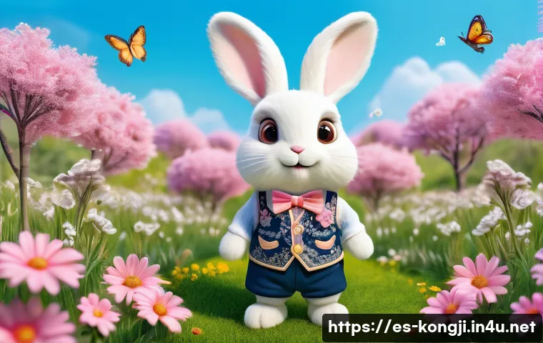콩지래빗 캐릭터 이름 유래 - A charming anthropomorphic rabbit character named Kongji Rabbit, wearing a cute pastel-colored vest ...