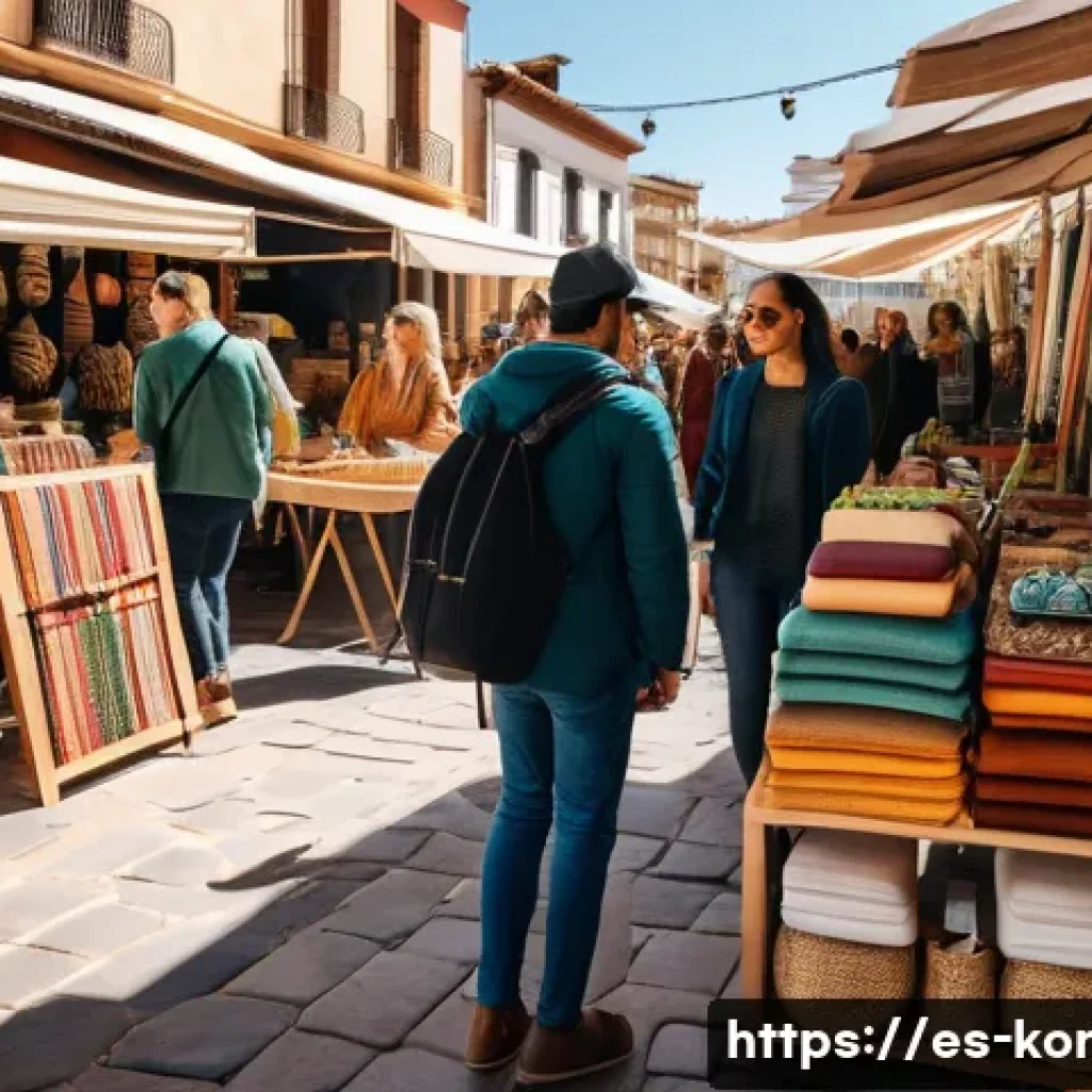 콩지래빗의 지속 가능한 상품 - A vibrant outdoor market scene in Spain featuring local artisans selling eco-friendly fashion access...