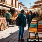콩지래빗의 지속 가능한 상품 - A vibrant outdoor market scene in Spain featuring local artisans selling eco-friendly fashion access...