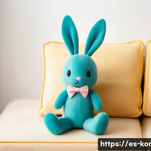 콩지래빗 테마 굿즈 제작 과정 - A cozy, high-quality plush Kongji Rabbit toy sitting on a pastel-colored sofa in a bright, modern li...