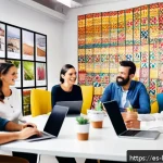 콩지래빗의 SNS 인플루언서 협업 - A vibrant, modern social media marketing office scene in Spain, featuring a diverse team of professi...