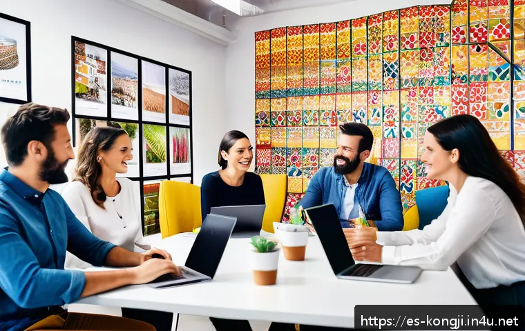 콩지래빗의 SNS 인플루언서 협업 - A vibrant, modern social media marketing office scene in Spain, featuring a diverse team of professi...