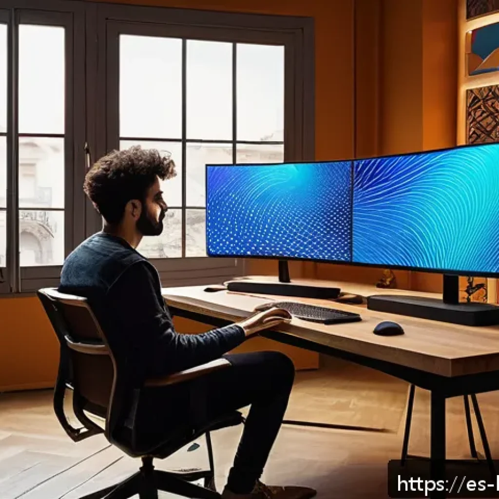 콩지래빗과 AI 기술 활용 - A modern digital artist’s studio in Barcelona, Spain, featuring a young adult wearing casual clothin...