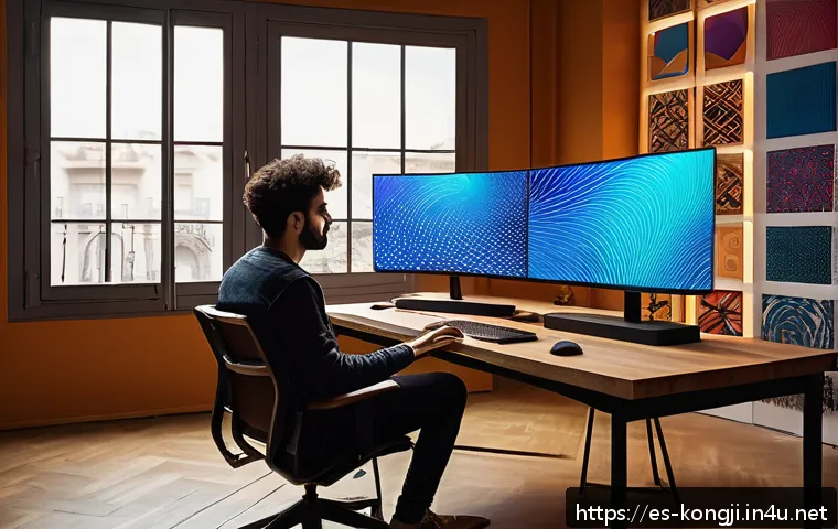 콩지래빗과 AI 기술 활용 - A modern digital artist’s studio in Barcelona, Spain, featuring a young adult wearing casual clothin...